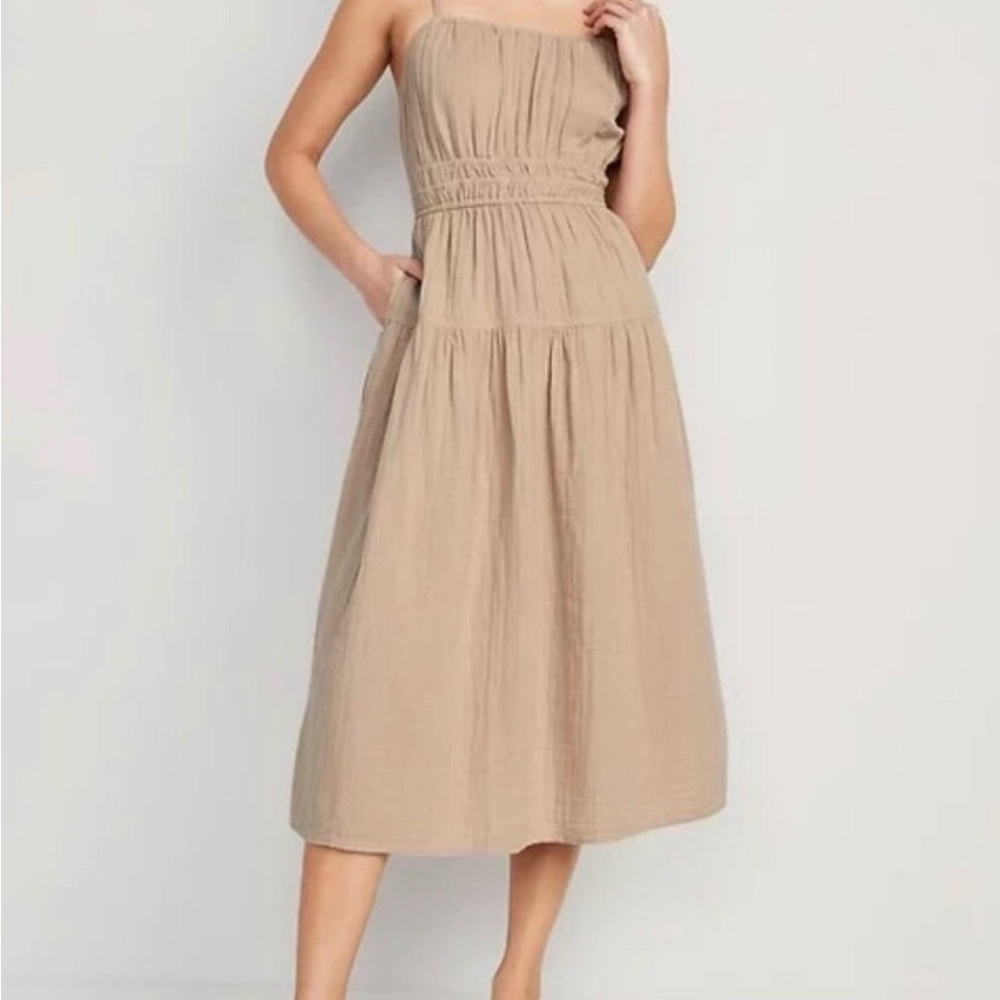 Old Navy Smocked Waist Gauze Midi Dress Tan Medium